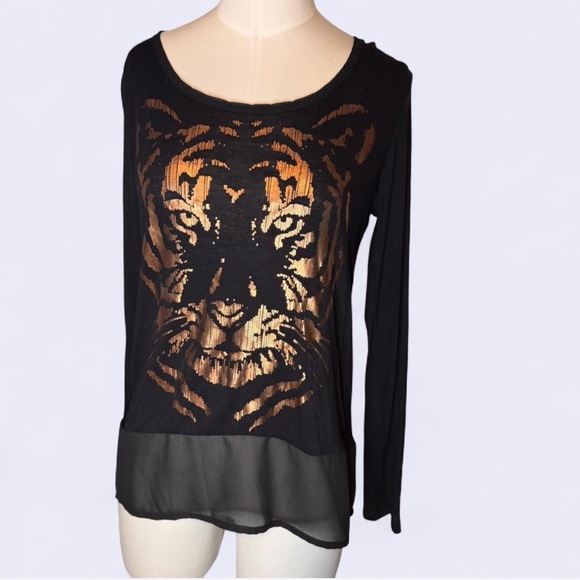 Fifth Sun Tops - Fifth Sun Black and Gold Tiger Graphic Long Sleeve top size small sheer hemline
